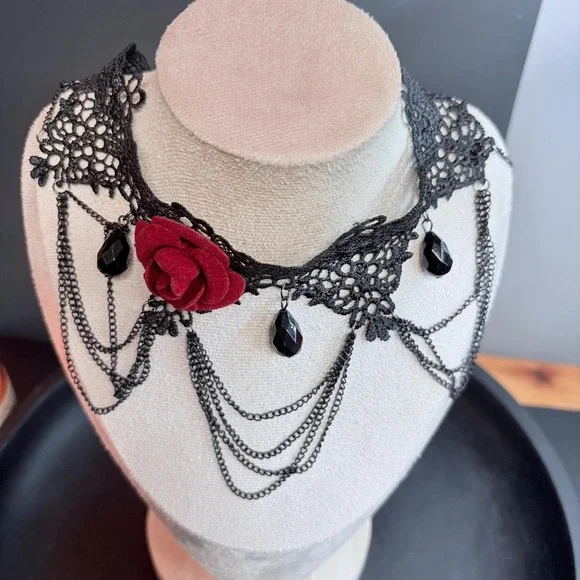 Black Lace Choker Necklace with Red Rose | Gothic Chain | Dark Romance Victorian - Picture 4 of 7